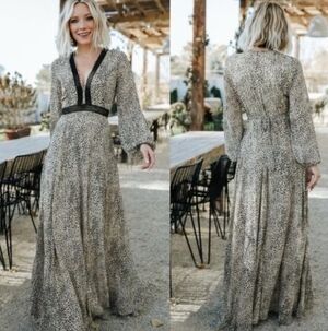 BALTIC BORN Cha Cha Print Long Sleeve Maxi Dress Size Large Balloon Sleeve Boho